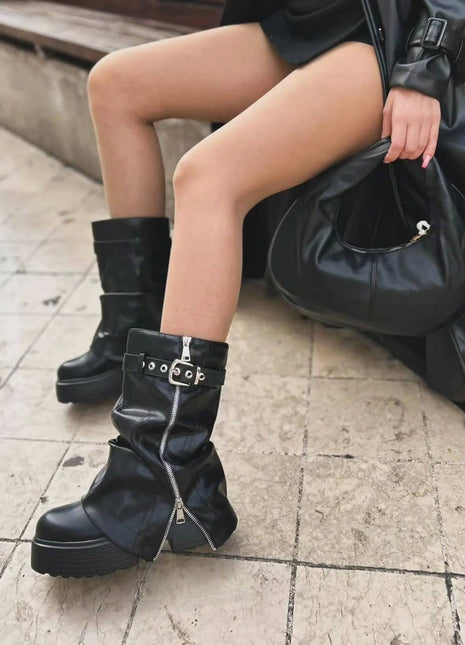 Pu Fold Over Mid-Calf Chunky Platform Zip Boots