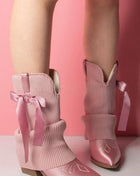 Ribbed Knit Western Fold Over Ankle Boots Withe Bow Details
