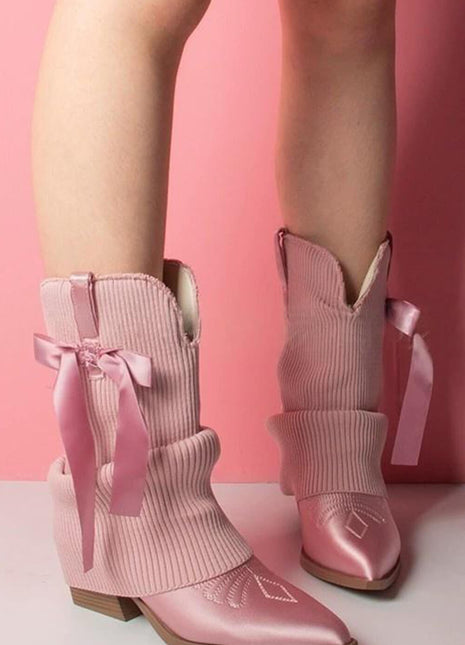 Ribbed Knit Western Fold Over Ankle Boots Withe Bow Details