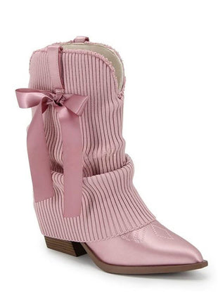 Ribbed Knit Western Fold Over Ankle Boots Withe Bow Details