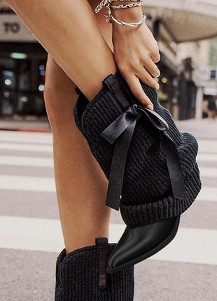 Ribbed Knit Western Fold Over Ankle Boots Withe Bow Details