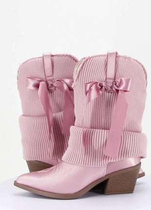 Ribbed Knit Western Fold Over Ankle Boots Withe Bow Details