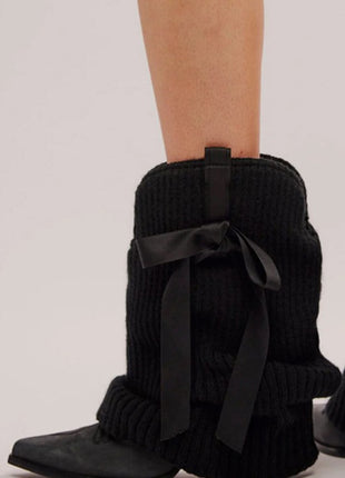 Ribbed Knit Western Fold Over Ankle Boots Withe Bow Details