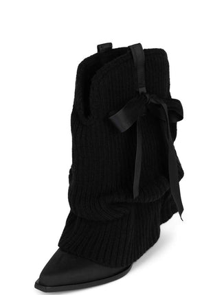 Ribbed Knit Western Fold Over Ankle Boots Withe Bow Details