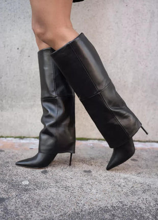 Black Faux Leather Folded Over Knee High Stiletto Heeled Boots