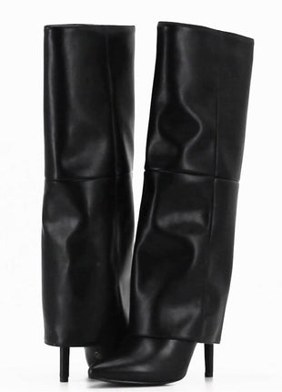 Black Faux Leather Folded Over Knee High Stiletto Heeled Boots
