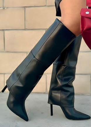 Black Faux Leather Folded Over Knee High Stiletto Heeled Boots