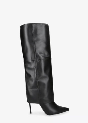 Black Faux Leather Folded Over Knee High Stiletto Heeled Boots