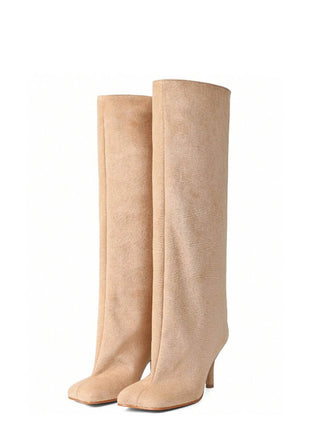 Faux Suede Slip-On Knee-High Boots - Beige