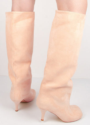 Faux Suede Slip-On Knee-High Boots - Beige