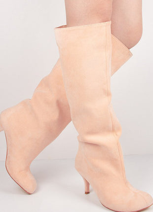 Faux Suede Slip-On Knee-High Boots - Beige