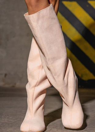 Faux Suede Slip-On Knee-High Boots - Beige