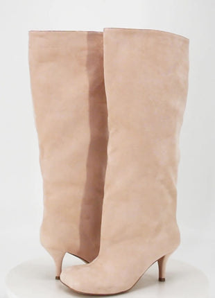 Faux Suede Slip-On Knee-High Boots - Beige