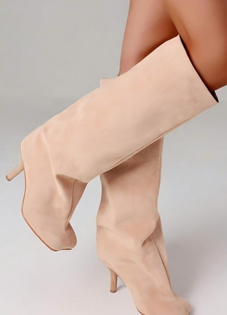 Faux Suede Slip-On Knee-High Boots - Beige