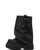 Faux Leather Fold Over Round Toe Chunky Platform Boots - Black