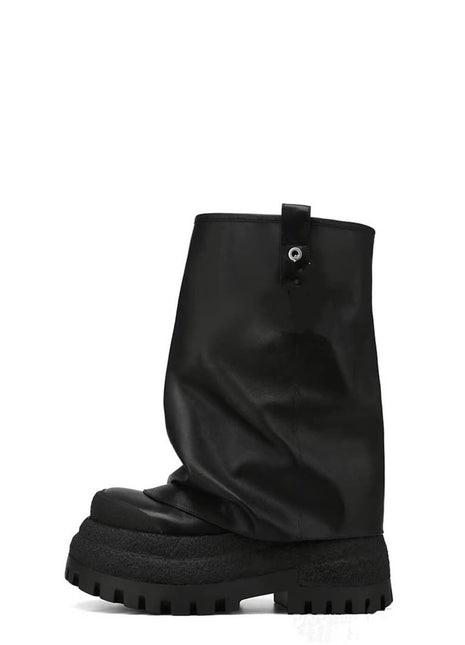 Faux Leather Fold Over Round Toe Chunky Platform Boots - Black