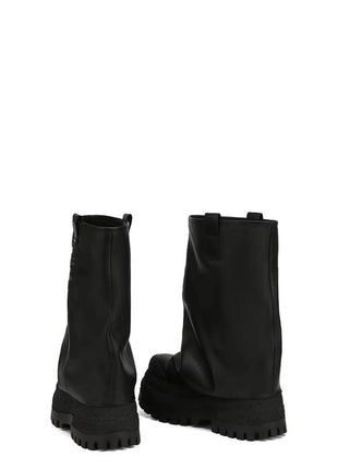 Faux Leather Fold Over Round Toe Chunky Platform Boots - Black