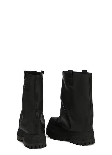 Faux Leather Fold Over Round Toe Chunky Platform Boots - Black