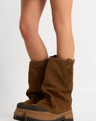 Faux Suede Fold Over Round Toe Chunky Platform Boots - Brown