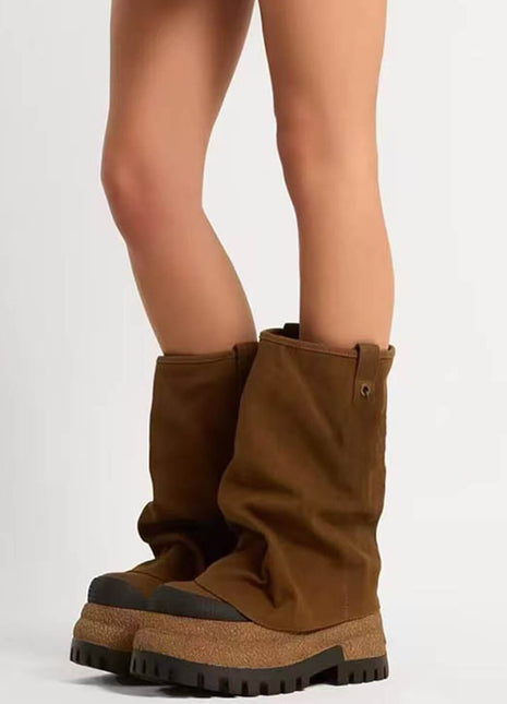 Faux Suede Fold Over Round Toe Chunky Platform Boots - Brown