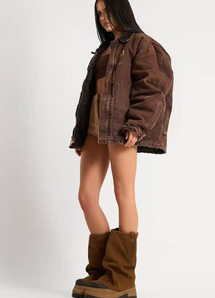 Faux Suede Fold Over Round Toe Chunky Platform Boots - Brown