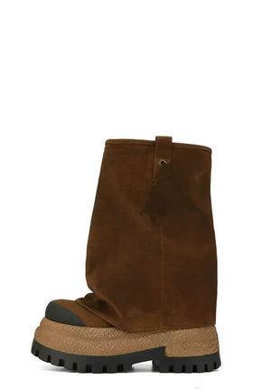 Faux Suede Fold Over Round Toe Chunky Platform Boots - Brown