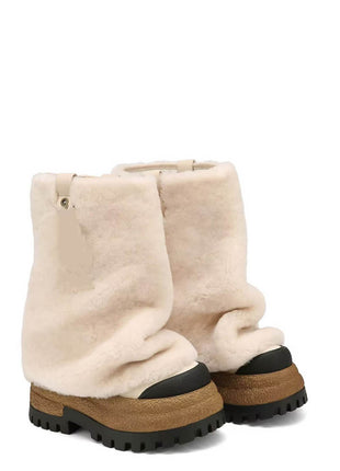 Shearling Fold Over Round Toe Chunky Platform Boots - Cream
