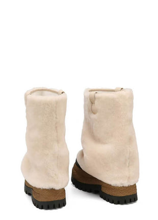 Shearling Fold Over Round Toe Chunky Platform Boots - Cream