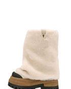 Shearling Fold Over Round Toe Chunky Platform Boots - Cream