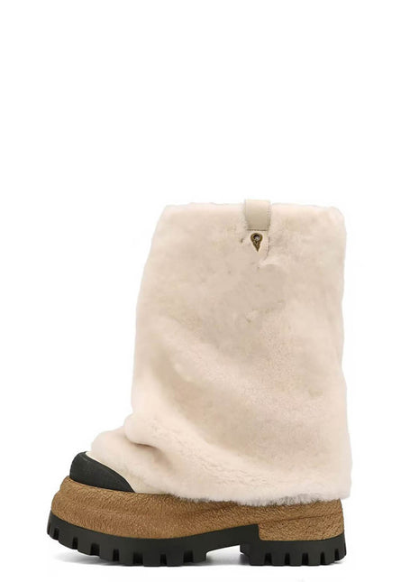 Shearling Fold Over Round Toe Chunky Platform Boots - Cream