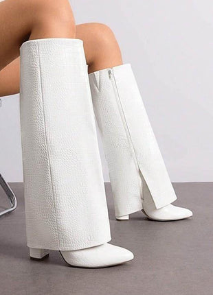Faux Croc Leather Foldover Knee High Blocked Boots