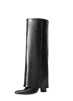 Faux Croc Leather Foldover Knee High Blocked Boots