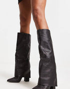 Faux Croc Leather Foldover Knee High Blocked Boots