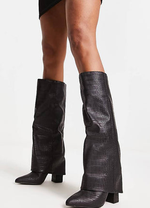 Faux Croc Leather Foldover Knee High Blocked Boots