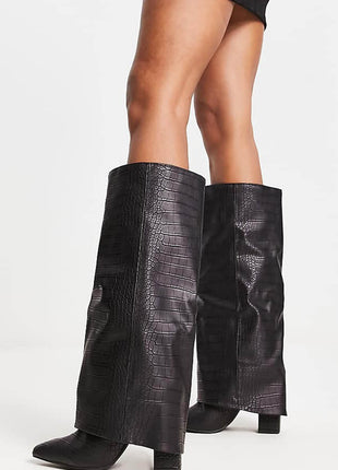 Faux Croc Leather Foldover Knee High Blocked Boots