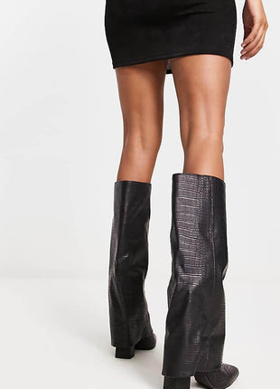 Faux Croc Leather Foldover Knee High Blocked Boots