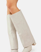 Faux Croc Leather Foldover Knee High Blocked Boots