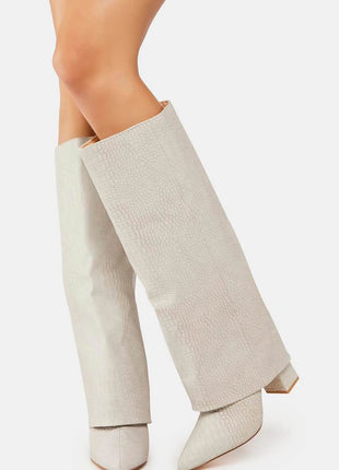 Faux Croc Leather Foldover Knee High Blocked Boots