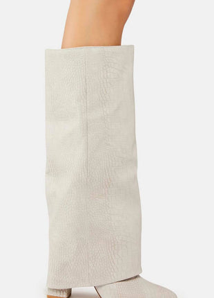 Faux Croc Leather Foldover Knee High Blocked Boots