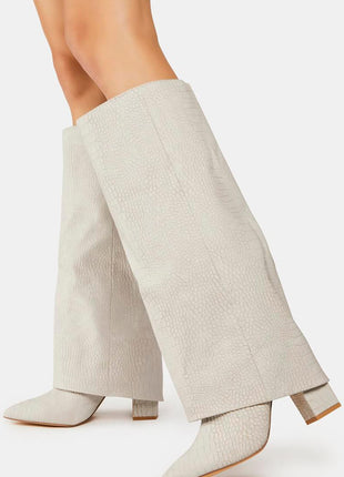 Faux Croc Leather Foldover Knee High Blocked Boots