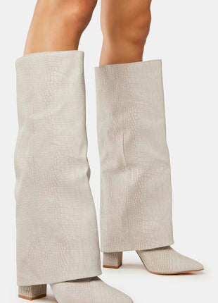 Faux Croc Leather Foldover Knee High Blocked Boots
