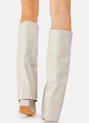 Faux Croc Leather Foldover Knee High Blocked Boots