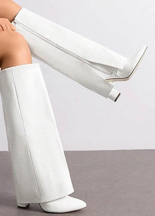 Faux Croc Leather Foldover Knee High Blocked Boots