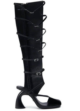 Black Faux Leather Multi Strap Asymmetrical Gladiator Sandal