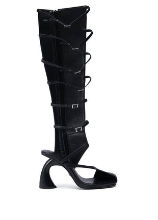 Black Faux Leather Multi Strap Asymmetrical Gladiator Sandal