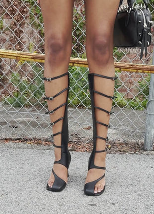 Black Faux Leather Multi Strap Asymmetrical Gladiator Sandal