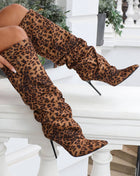 Leopard Suede Ruched Knee High Heeled Boots