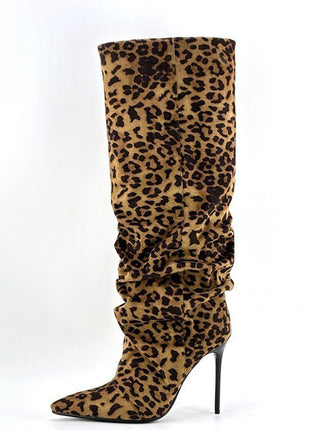 Leopard Suede Ruched Knee High Heeled Boots