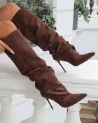 Faux Suede Ruched Knee High Heeled Boots