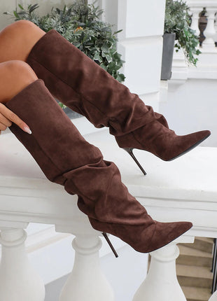 Faux Suede Ruched Knee High Heeled Boots